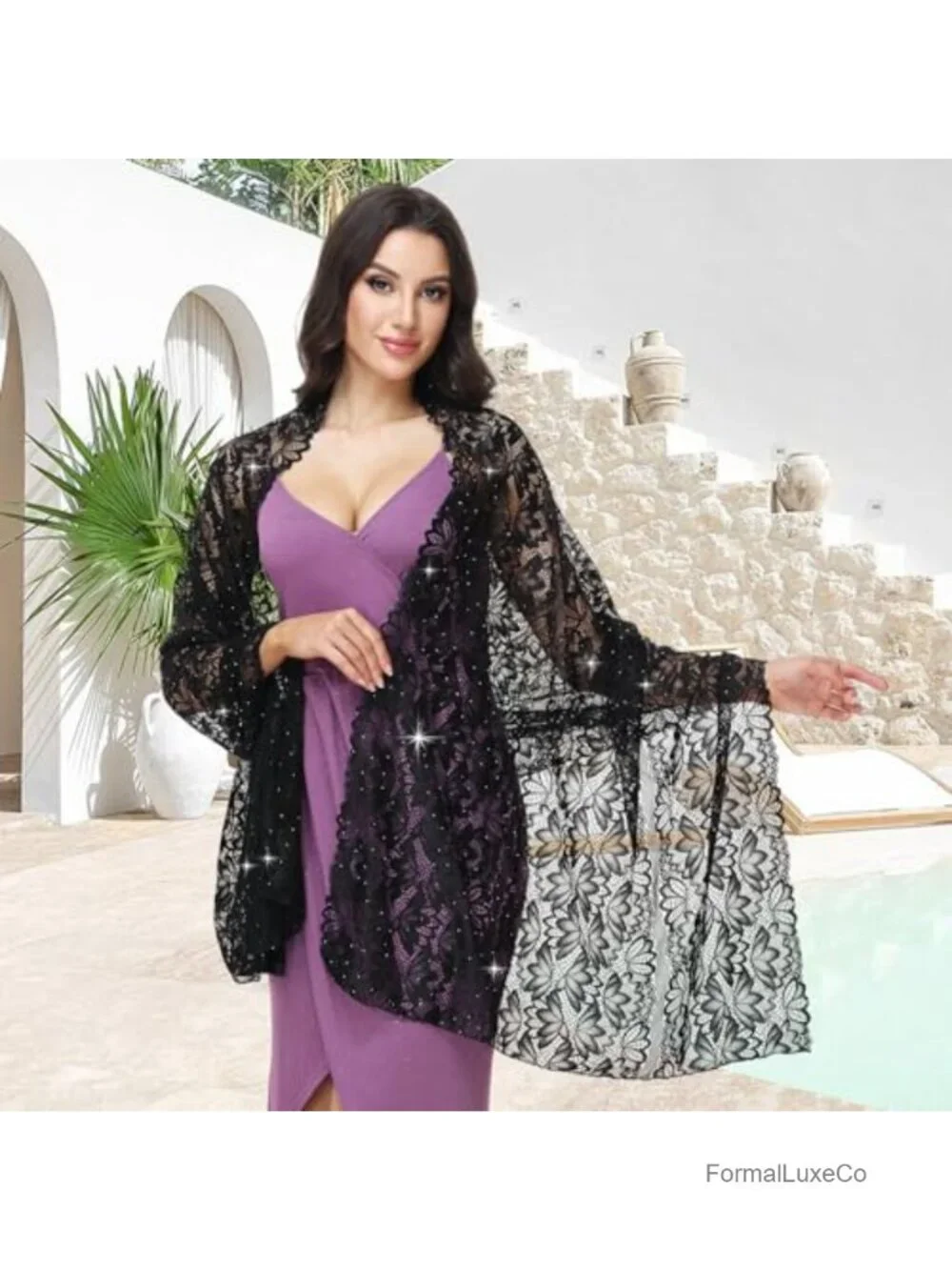 Lace Shawl Rhinestone Sparkly Sequin Wrap for Evening Dresses, Women Wedding